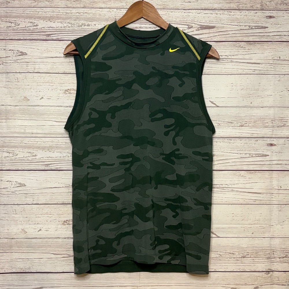 Nike Pro Fit Dry Mens Camo Sleeveless Compression Shirt Green Mock Neck Small